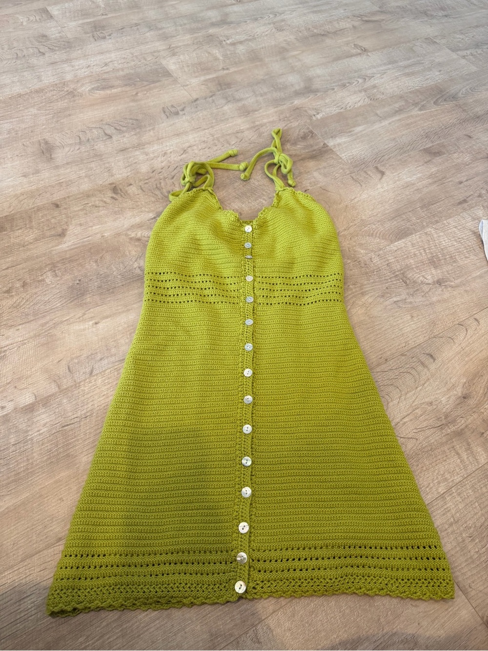 Olive & Oak Lime-Green Crochet Button-Front Mini Dress